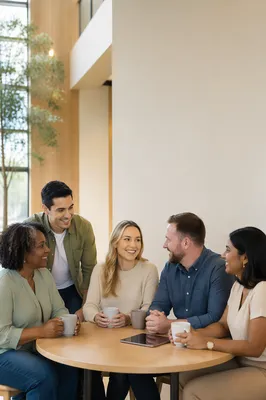 Diverse Adults Chatting in Modern Lobby
