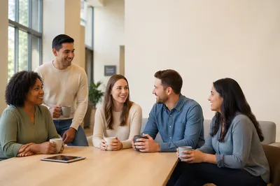 Diverse Adults Gathering in Modern Lobby