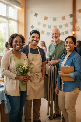 Church Volunteers Smiling in Fellowship Hall