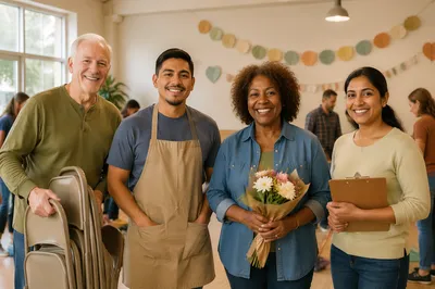 Church Volunteers Smiling in Fellowship Hall