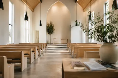 Modern Minimalist Church Interior with Centered Aisle