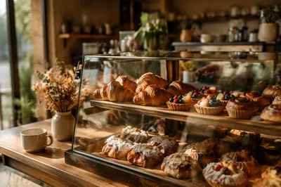 Cozy Coffee Shop Pastry Counter Display