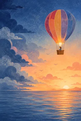 Colorful Hot Air Balloon Over Sunset Sea