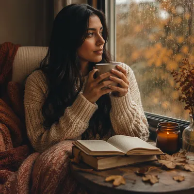 Cozy Autumn Woman by Rainy Window
