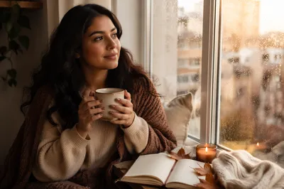 Cozy Autumn Woman by Rainy Window