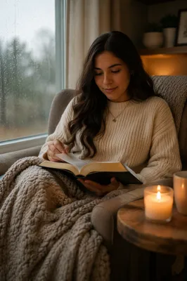 Woman Reading Bible by Rainy Window