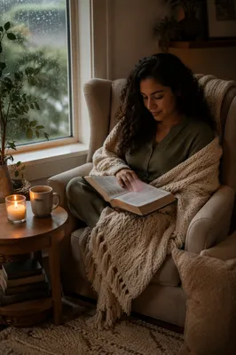 Woman Reading by Rainy Window