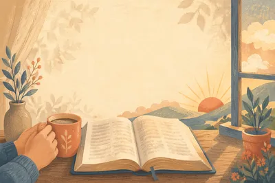 Open Devotional Book by Sunrise Window