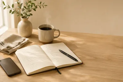Calm Morning Planner and Coffee Flat Lay