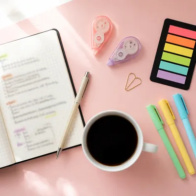 Morning Planner with Coffee on Pink Desk