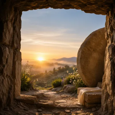 Open Stone Tomb at Sunrise