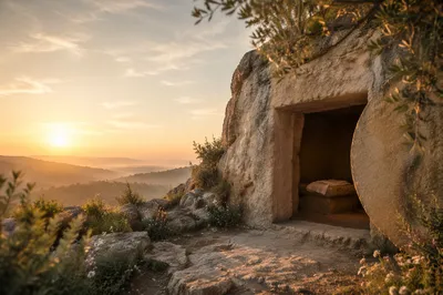 Open Stone Tomb at Sunrise