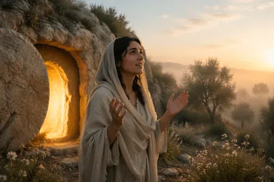 Woman Near Ancient Stone Tomb at Sunrise