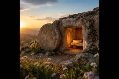 Open Stone Tomb at Sunrise