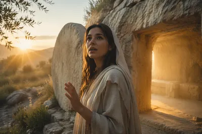 Woman by Empty Stone Tomb at Dawn