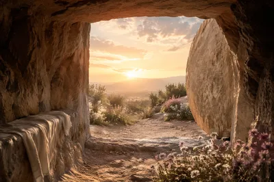Open Stone Tomb at Sunrise