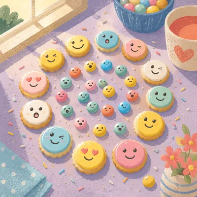 Colorful Emoji Cookies and Candy Flat Lay