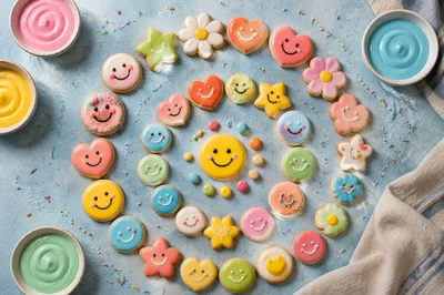 Colorful Emoji Cookies and Candy Flat Lay
