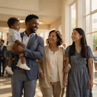 Multigenerational Family Arriving in Bright Foyer