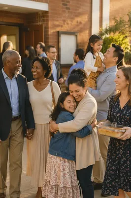 Families Gathering Outside Brick Church Entrance
