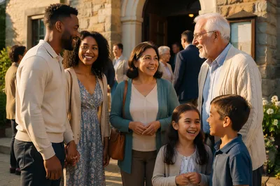 Families Gathering Outside Church at Golden Hour