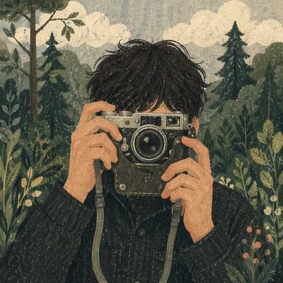 Vintage Film Camera Portrait in Woodland