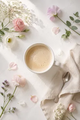 Flat Lay Latte with Spring Flowers