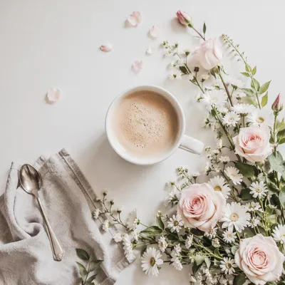 Flat Lay Latte and Spring Flowers