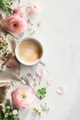 Flat Lay Latte and Spring Flowers