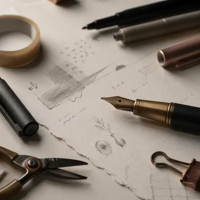 Creative Stationery Flat Lay with Fountain Pen