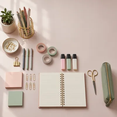 Pastel Flat Lay Stationery Workspace Scene