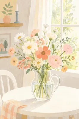 Fresh Pastel Flowers on White Table