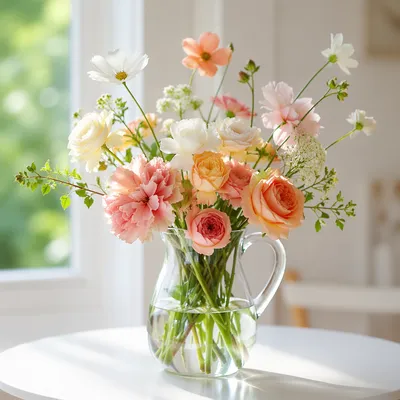 Fresh Pastel Flowers on White Table