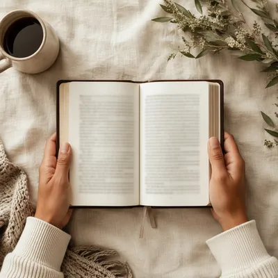 Open Bible Held Over Linen Flat Lay