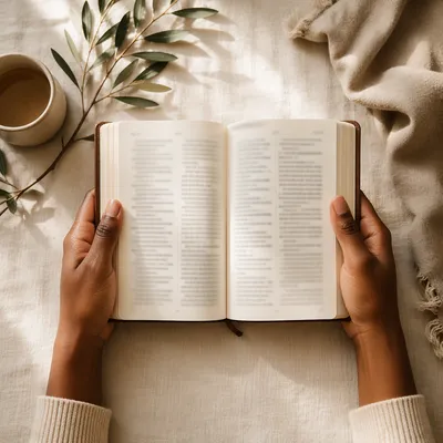 Hands Holding Open Bible Flat Lay