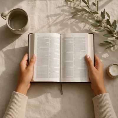 Hands Holding Open Bible Flat Lay