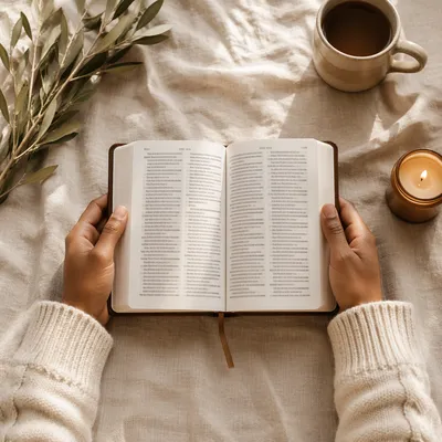 Hands Holding Open Bible Flat Lay