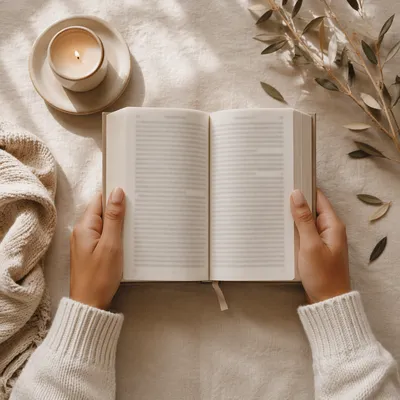 Hands Holding Open Bible Flat Lay