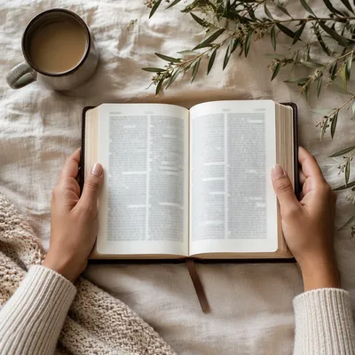 Hands Holding Open Bible Flat Lay