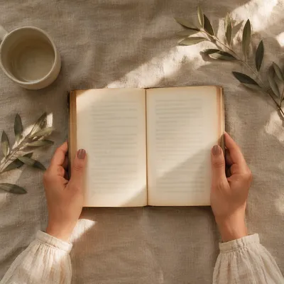 Hands Holding Open Book Flat Lay