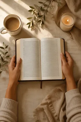 Hands Holding Open Book Flat Lay