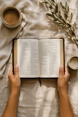 Hands Holding Open Bible Flat Lay