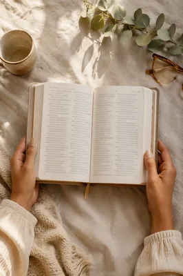 Hands Holding Open Bible Flat Lay
