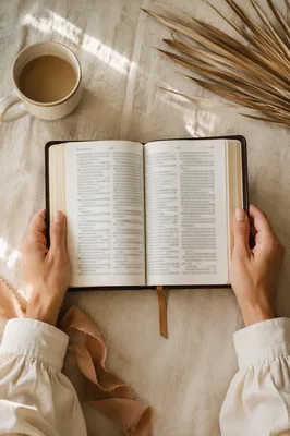Hands Holding Open Bible Flat Lay
