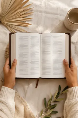 Hands Holding Open Bible Flat Lay