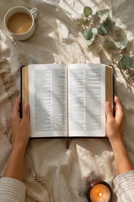 Hands Holding Open Bible Flat Lay