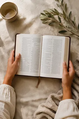 Hands Holding Open Bible Flat Lay
