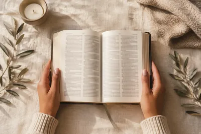 Hands Holding Open Bible Flat Lay