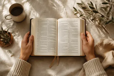 Hands Holding Open Bible Flat Lay