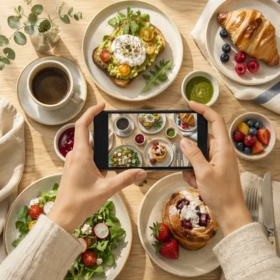 Hands Photographing Brunch Table from Above